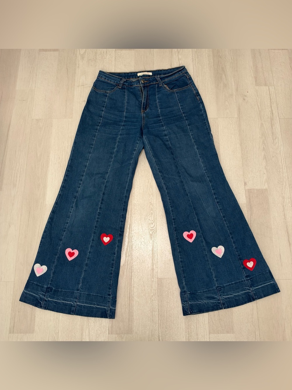 Aussie Flare Denim Jeans with Heart Patches (Medium Blue Wash) Size 40